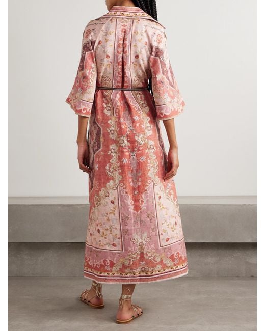 Zimmermann Pink Wylie Belted Printed Linen Midi Dress