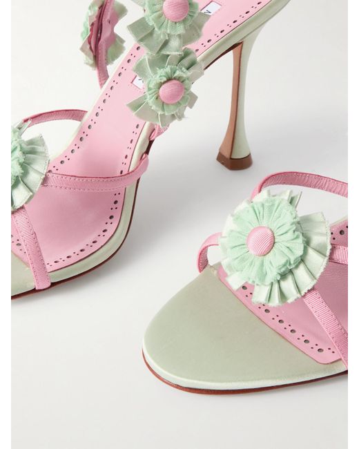Manolo Blahnik Metallic Palissot 105 Leather-Trimmed Appliquéd Grosgrain And Satin Sandals