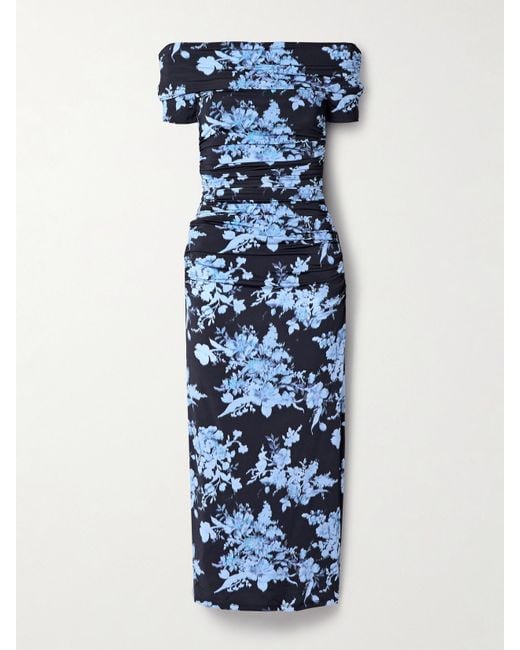 Carolina Herrera Blue Schulterfreies Midikleid Aus Stretch-Jersey Mit Blumenprint Und Raffungen