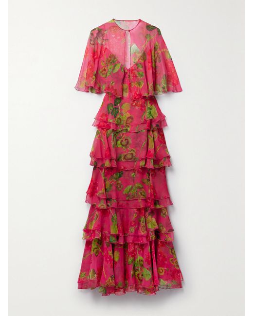 Oscar de la Renta Tiered Ruffled Floral-Print Silk-Chiffon Gown