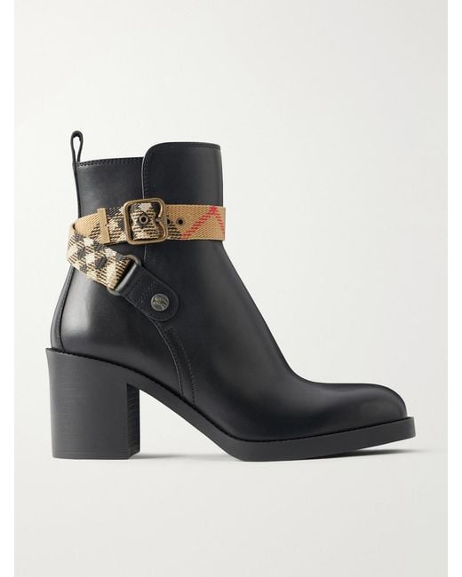 Burberry Black Huntley 70 Checked Canvas-Trimmed Leather Ankle Boots