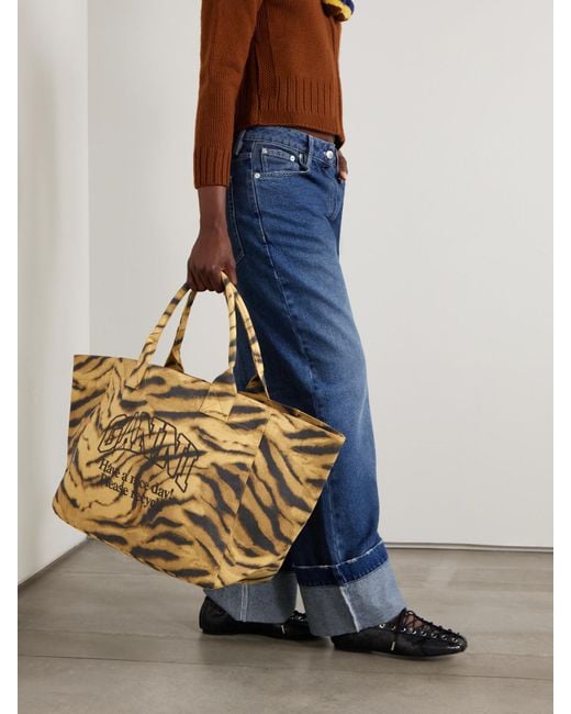 Ganni Metallic Shopper Xxl Embroidered Zebra-Print Cotton-Canvas Tote