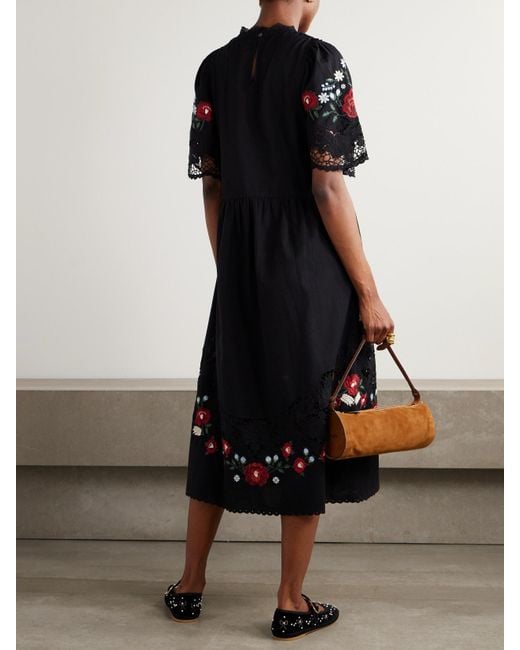 Sea Black Rosaline Midikleid Aus Einer Bestickten Baumwoll-Leinenmischung Mit Lochstickerei