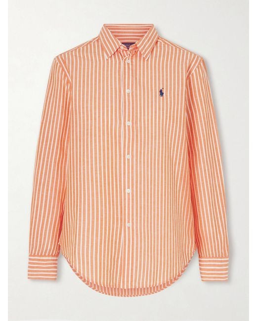 Polo Ralph Lauren Pink Embroidered Striped Cotton And Linen-Blend Shirt
