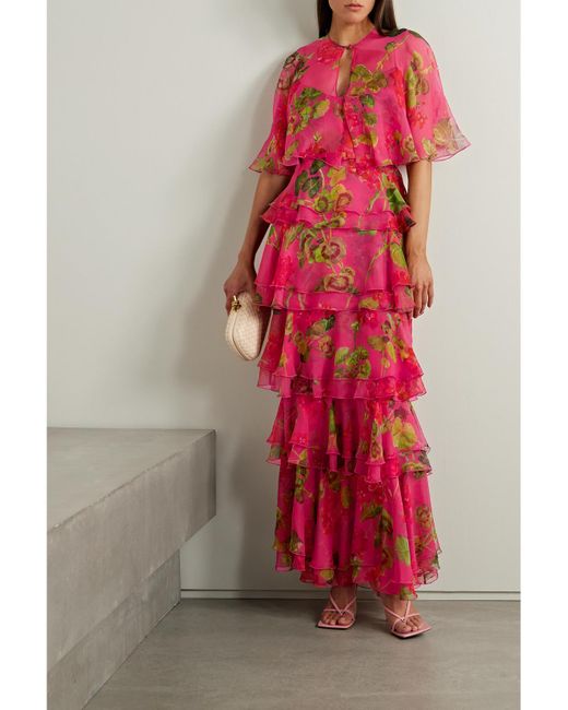Oscar de la Renta Tiered Ruffled Floral-Print Silk-Chiffon Gown