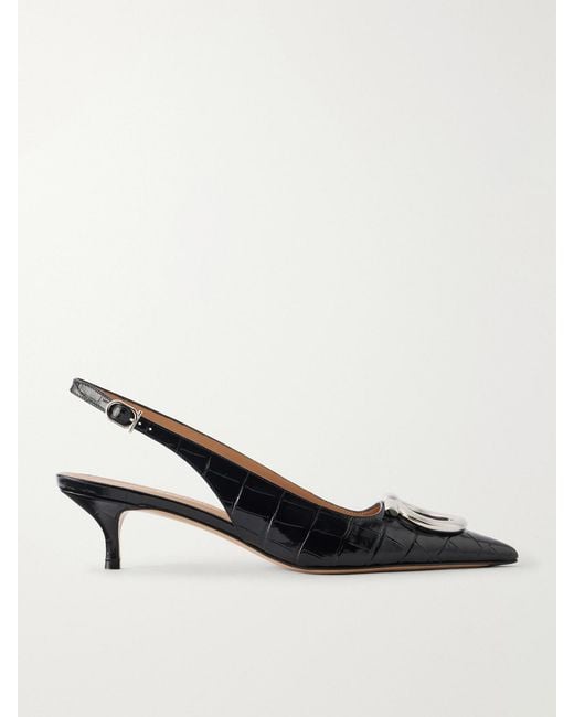 Ferragamo Natural Sara 40 Embellished Croc-Effect Leather Slingback Pumps
