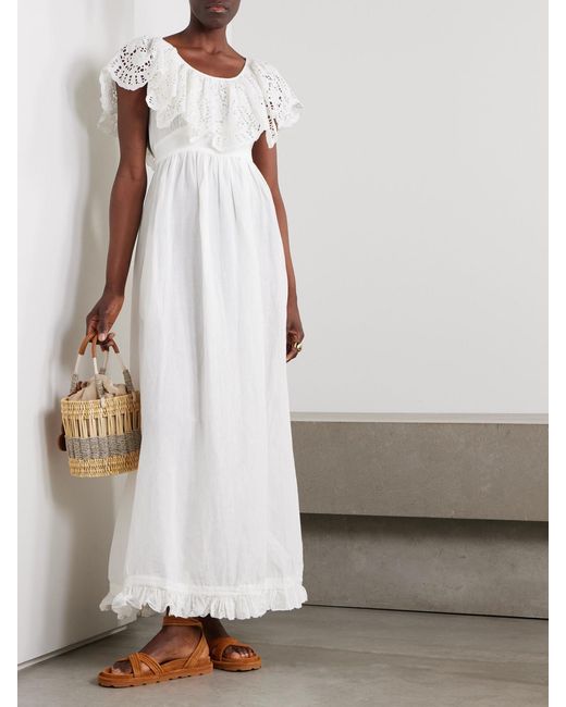 Thierry Colson White Milos Ruffled Broderie Anglaise Linen And Cotton-Blend Maxi Dress