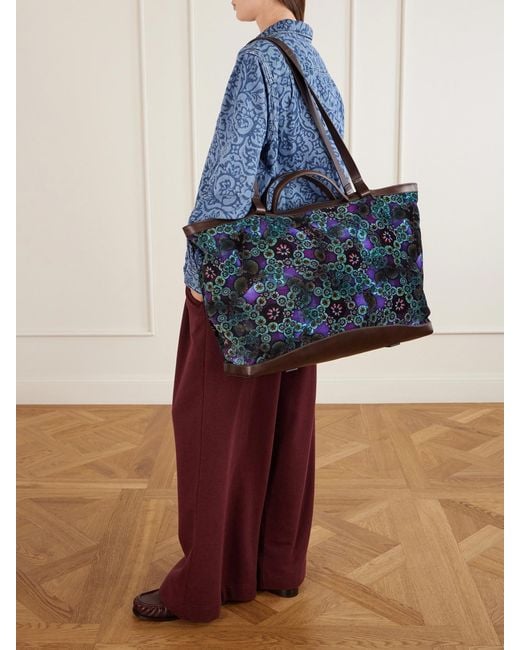 Dries Van Noten Blue Carter Printed Leather-Trimmed Velvet Tote