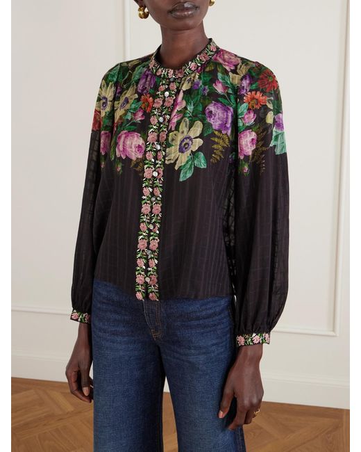 Sea Black Viktoria Embroidered Floral-Print Voile Blouse