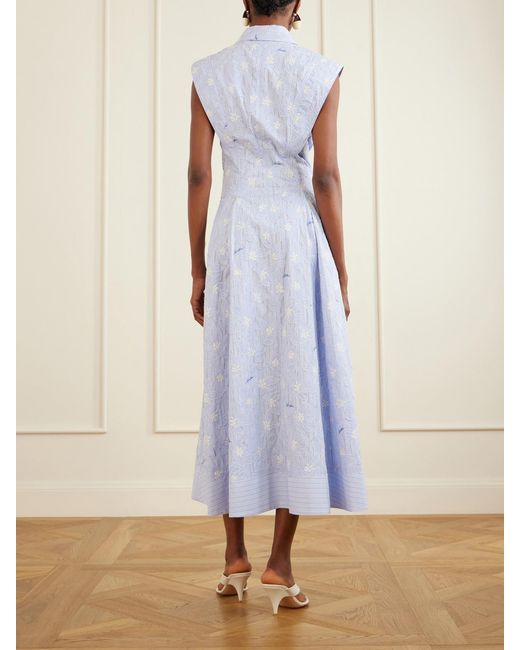 Jonathan Simkhai Blue Neri Embroidered Striped Cotton-Poplin Midi Dress