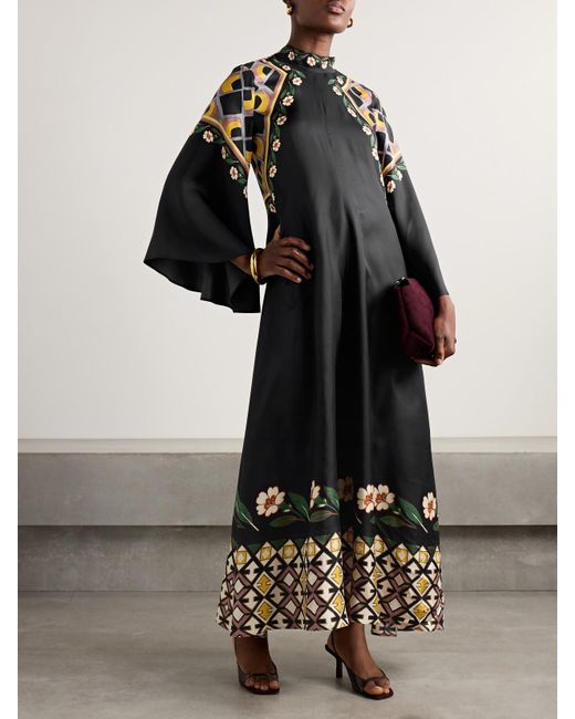 LaDoubleJ Black Magnifico Maxikleid Aus Bedrucktem Seiden-Twill Zum Binden
