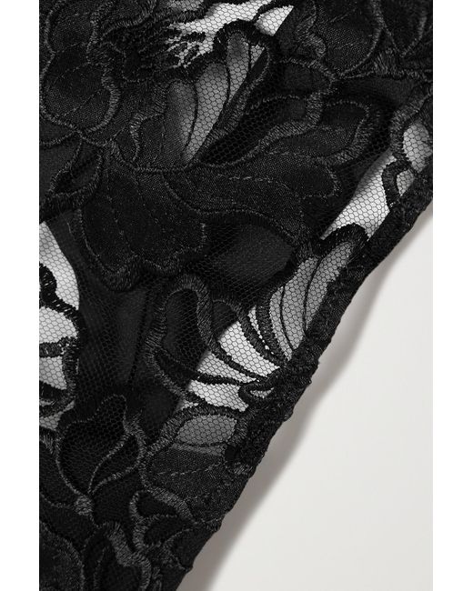 Fleur du Mal Black Whitney Satin-trimmed Embroidered Tulle Thong