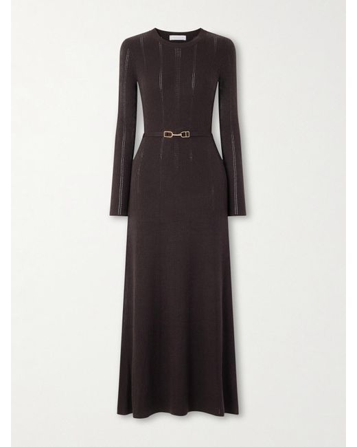 Gabriela Hearst Black Imagene Belted Ribbed Pointelle-Knit Wool Midi Dress