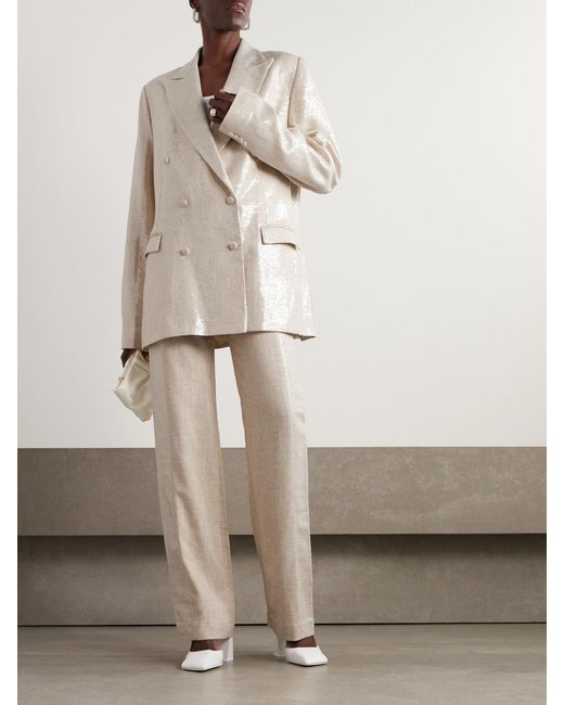 Dima Ayad Natural Double-Breasted Sequined Gauze Blazer