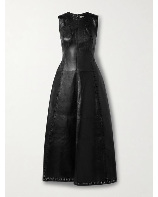 Ulla Johnson Black Juliette Perforated Paneled Leather Maxi Dress