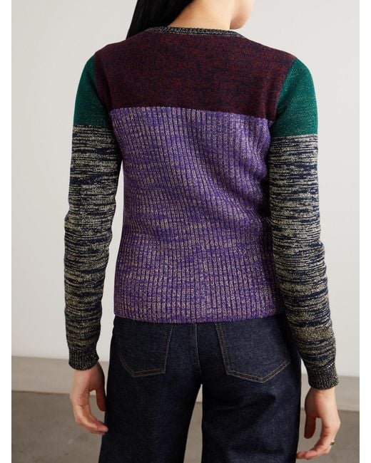 Valentino Garavani Purple Color-Block Metallic Ribbed Wool-Blend Cardigan