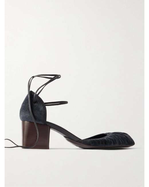 Lemaire White Micro Ballerina Leather-Trimmed Ruched Velvet Pumps