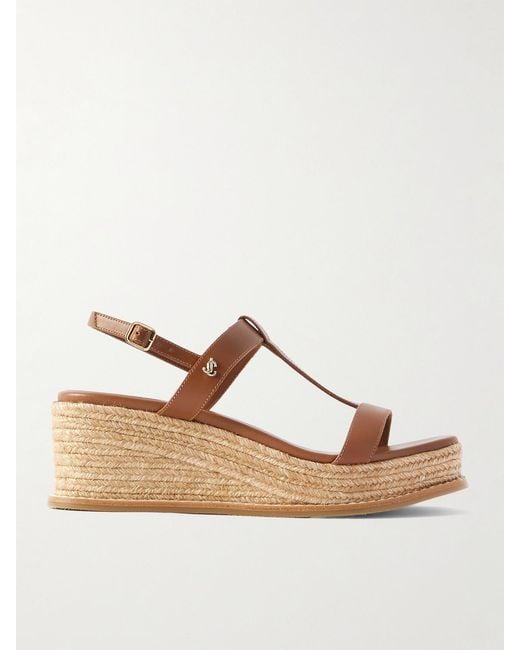 Jimmy Choo Natural Theia 60 Leather Espadrilles Wedge Sandals