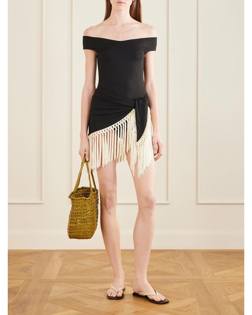 Taller Marmo Black Mini Romy Fringed Off-Shoulder Swimsuit