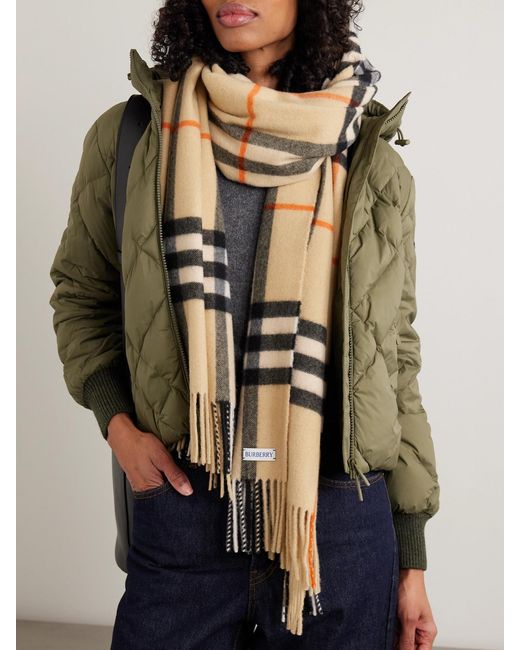 Burberry Natural Fringed Checked Cashmere Scarf