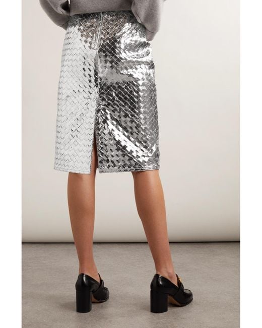 Bottega Veneta White Intrecciato Metallic Crinkled-Leather Skirt