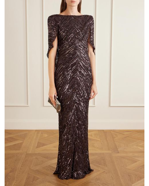 Jenny Packham Metallic Sakari Cape-Effect Embellished Tulle Gown