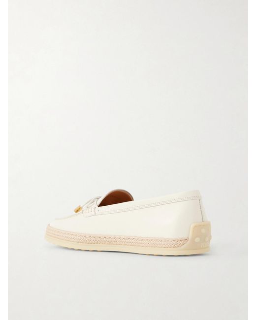 Tod's Natural Gomma Raffia-Trimmed Bow-Detailed Suede Loafers