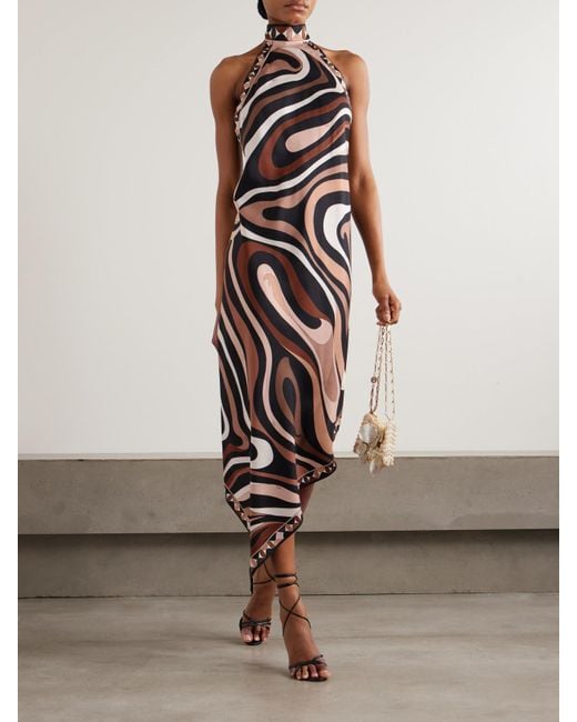 Emilio Pucci White Marmo Asymmetric Printed Silk-Twill Halterneck Dress