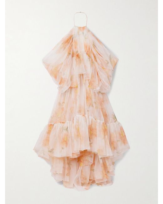 Zimmermann Pink Natura Tiered Floral-Print Silk-Organza Halterneck Midi Dress
