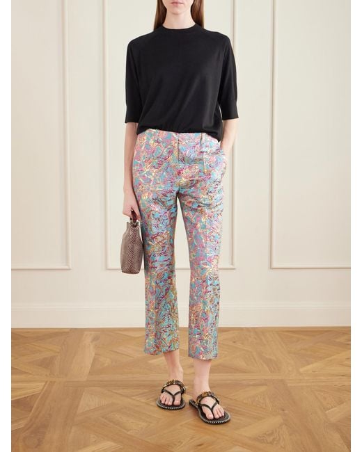 Dries Van Noten Blue Cropped Metallic Jacquard Straight-Leg Pants