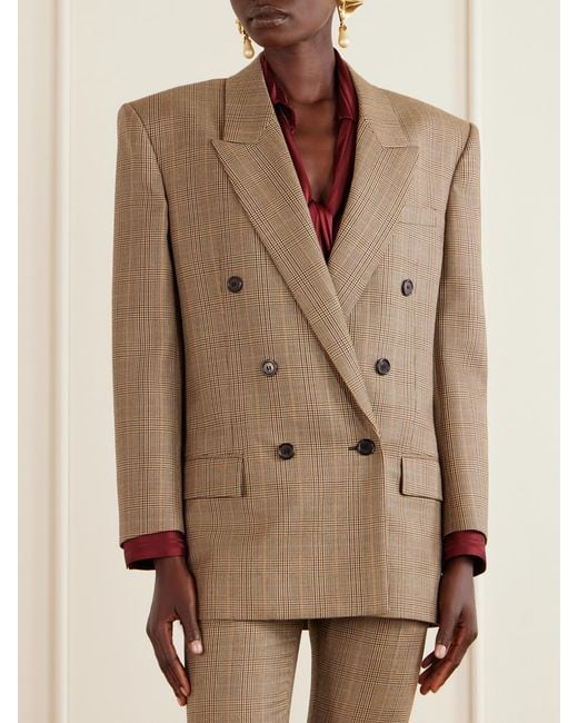 Saint Laurent Natural Double-Breasted Prince Of Wales Wool Blazer