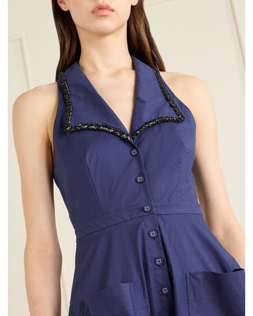 Saloni Blue Jessica Crystal-Embellished Cotton-Blend Poplin Midi Dress