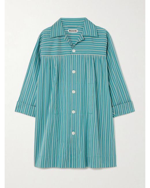 Bode Blue Shore Stripe Quincy Cotton-Blend Poplin Mini Shirt Dress