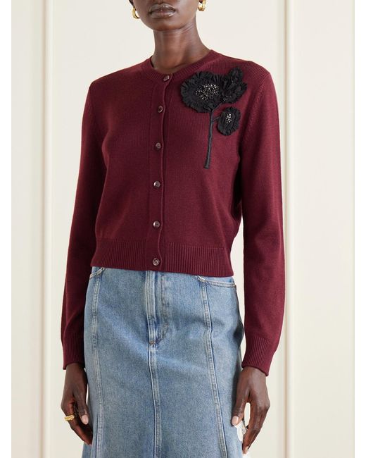 Erdem Red Embellished Ribbed Merino Wool Cardigan