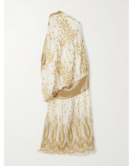 Dima Ayad Natural One-Shoulder Draped Metallic Fil Coupé Gown
