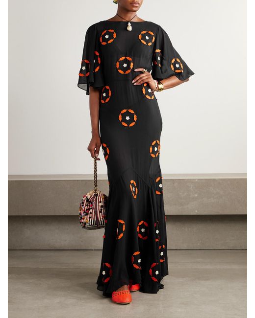 Bode Black Zoetrope Maxikleid Aus Seidenchiffon Mit Applikationen