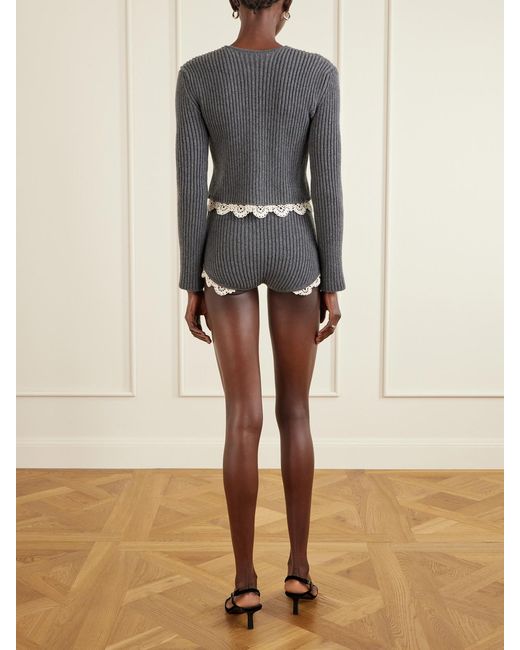 Magda Butrym Blue Cropped Lace-Trimmed Ribbed Wool Cardigan