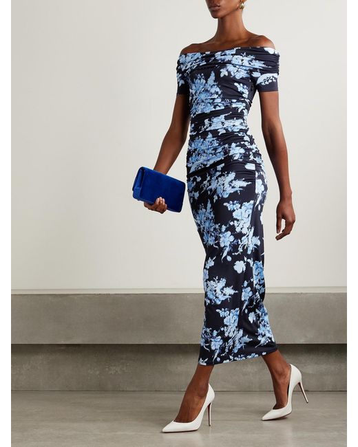 Carolina Herrera Blue Off-The-Shoulder Ruched Floral-Print Stretch-Jersey Midi Dress