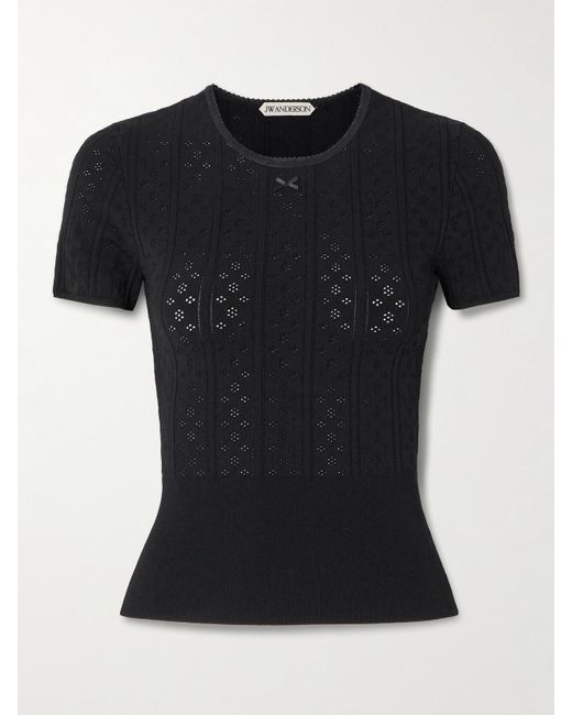 J.W. Anderson Black Bow-Detailed Recycled Pointelle-Knit T-Shirt