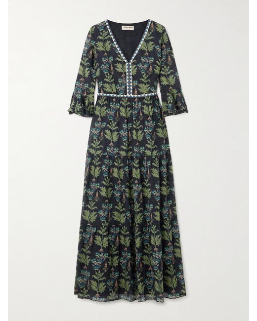 Emporio Sirenuse Blue Bella Maxikleid Aus Bedruckter Baumwollpopeline Mit Stickereien