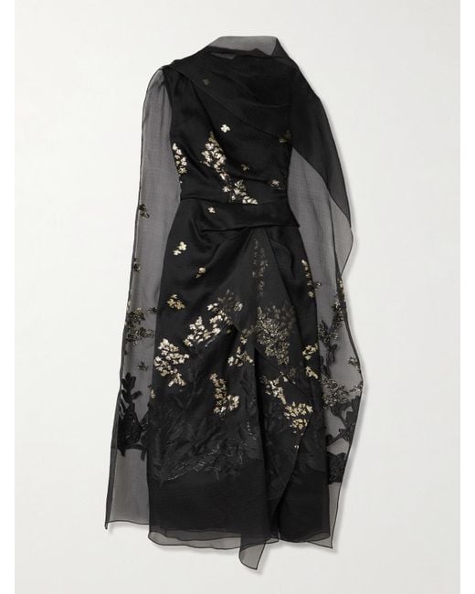 Erdem Black Layered Metallic Silk-Organza And Cloqué Midi Dress