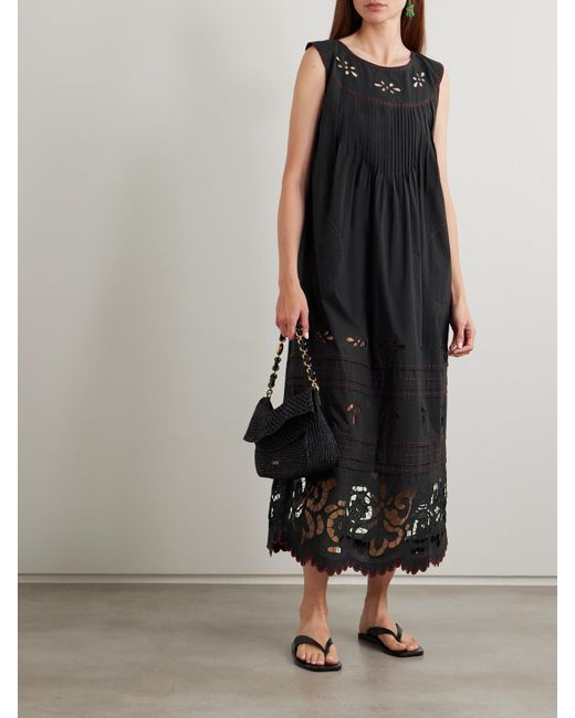 Vita Kin Black Cleo Pintucked Broderie Anglaise Cotton-Batiste Midi Dress