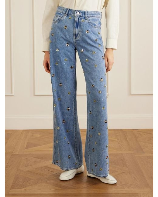 Veronica Beard Blue Kasey Embellished Mid-Rise Wide-Leg Jeans