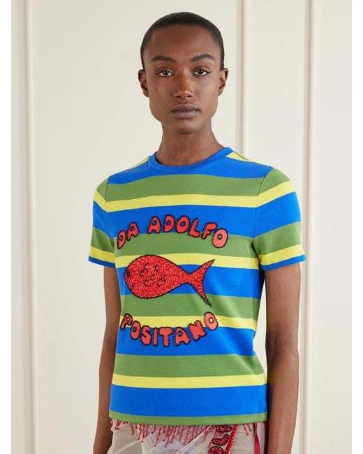 Staud Blue Da Adolfo Weekender Striped Printed Cotton-Blend T-Shirt