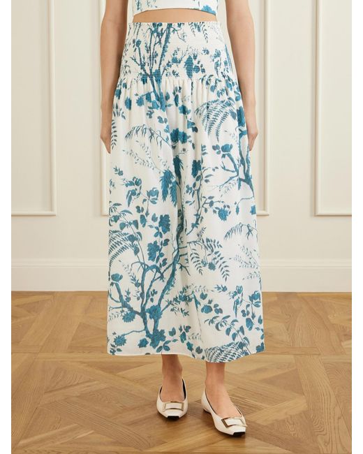 Erdem Blue Shirred Floral-Print Cotton And Linen-Blend Midi Skirt