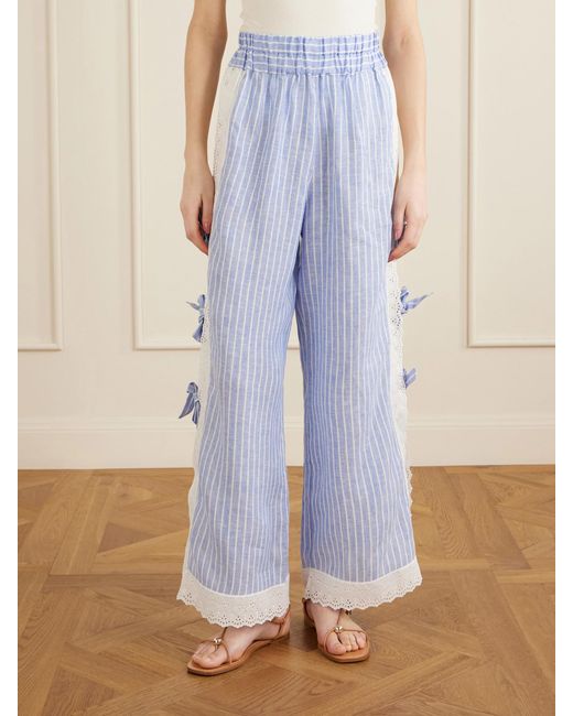Loretta Caponi Blue Clarissa Bow-Embellished Striped Broderie Anglaise-Trimmed Linen Straight-Leg Pants