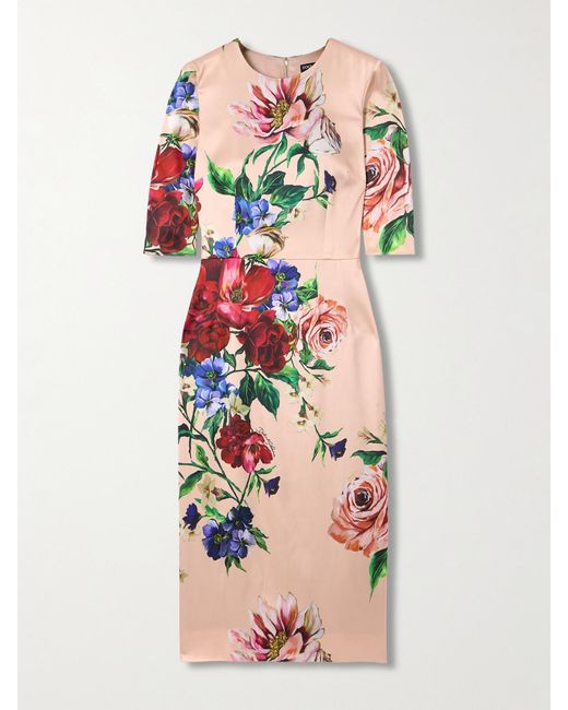 Dolce & Gabbana Pink Floral-Print Satin Midi Dress