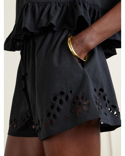 Ulla Johnson Blue Vedi Ruffled Broderie Anglaise Organic Cotton-Jersey Shorts
