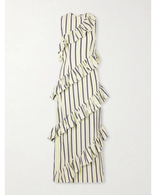 Marrakshi Life White Spiral Ruffled Striped Cotton Maxi Dress