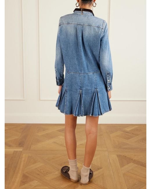 Marni Blue Velvet-Trimmed Appliquéd Pleated Denim Mini Dress